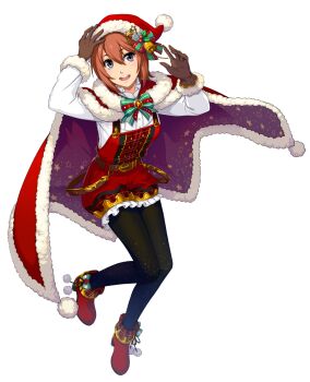 Rule 34 | 1girl, akatsuki no kiseki, black pantyhose, brown gloves, brown hair, cape, dress shirt, eiyuu densetsu, full body, fur-trimmed cape, fur-trimmed gloves, fur-trimmed headwear, fur trim, gloves, hat, hat bell, highres, looking at viewer, noel seeker, official art, overalls, pantyhose, pantyhose under shorts, red cape, red footwear, red hat, red overalls, santa hat, shirt, short hair, shorts, solo, transparent background, white shirt, zero no kiseki