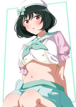 1girl absurdres aqua_sailor_collar aqua_skirt bob_cut border breasts buttons commentary double-breasted feet_out_of_frame green_border green_hair hat highres inset_border looking_at_viewer love_live! love_live!_nijigasaki_high_school_idol_club medium_breasts midriff mifune_shioriko miniskirt navel official_alternate_costume outside_border pleated_skirt puffy_short_sleeves puffy_sleeves sailor_collar sailor_hat short_sleeves simple_background sitting skirt solo uchuu_no_mozuku white_background white_hat