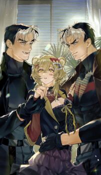 1girl bat_signal batman_(series) batman_symbol black_bodysuit black_gloves black_hair black_jacket blue_eyes bodysuit brown_jacket dc_comics dual_persona gloves grey_bodysuit group_sex highres jacket jason_todd mmf_threesome multicolored_bodysuit multicolored_hair multiple_boys muscular muscular_male oc_x_canon open_clothes original pants red_hood_(dc) red_hood_and_the_outlaws rfnyn17381 short_hair superhero_costume taut_bodysuit threesome two-tone_bodysuit two-tone_hair