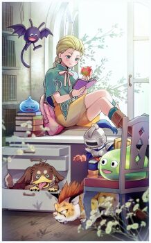 1girl aged_down apple bag bianca_(dq5) blonde_hair blue_eyes blush book boots bracelet braid braided_ponytail branch brown_boots closed_mouth commentary_request crossed_legs dracky dragon_quest dragon_quest_monsters_4 dragon_quest_v dress earrings eating food forehead fruit full_body great_sabrecub green_poncho hair_pulled_back highres holding holding_book holding_food holding_fruit indoors jewelry long_hair mizoremiyako orange_dress pink_bag reading sitting slime_(dragon_quest) slime_knight window