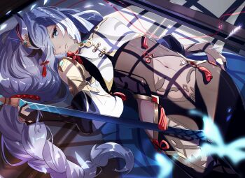 1girl black_bodysuit black_gloves blue_eyes bodystocking bodysuit braid breast_curtain breasts clothing_cutout commentary_request covered_navel earrings eiryu33 genshin_impact gloves grey_hair hair_over_one_eye highres hip_vent jewelry large_breasts long_hair looking_at_viewer low-braided_long_hair low-tied_long_hair lying on_back partially_fingerless_gloves shenhe_(genshin_impact) shoulder_cutout solo stomach_cutout string string_of_fate tassel tassel_earrings thigh_cutout very_long_hair