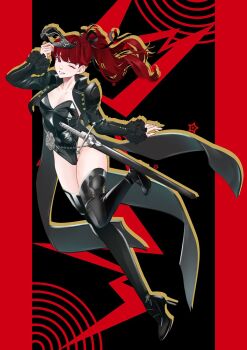 1girl black_leotard black_ribbon black_shoes black_tailcoat black_thighhighs collarbone commentary drop_shadow full_body hair_ribbon high_heels highres holding holding_mask leotard long_hair looking_at_viewer mask meisaki metal_flower persona persona_5 persona_5_the_royal ponytail red_eyes red_hair ribbon sheath sheathed shoes smile solo sword thighhighs violet_(persona_5) weapon yoshizawa_kasumi