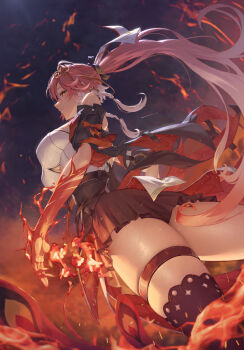 1girl absurdres bare_shoulders black_bow black_jacket black_skirt black_sleeves black_thighhighs bow braid bright_pupils changli_(wuthering_waves) closed_mouth clothing_cutout colored_extremities commentary cowboy_shot detached_sleeves dress feather_hair fire from_behind from_below hair_bow hair_extensions hair_ornament highres jacket long_hair looking_at_viewer multicolored_hair orange_eyes pink_hair profile red_hands ring_hair_extensions skirt solo standing thigh_strap thighhighs thighs toroe02 twin_braids two-tone_hair underboob_cutout very_long_hair white_bow white_dress white_hair white_pupils wuthering_waves