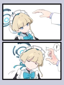 Rule 34 | 1boy, 1girl, absurdres, apron, black dress, blonde hair, blue archive, blue bow, blue eyes, blue halo, blush, bow, bun cover, closed eyes, closed mouth, commentary request, dress, hair bun, hakaseani12, halo, highres, incoming headpat, maid, maid apron, maid headdress, sensei (blue archive), toki (blue archive)