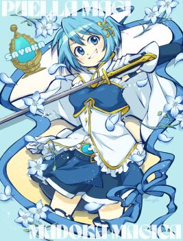 1girl ame_(tameste) blue_background blue_eyes blue_flower blue_hair blue_skirt cape character_name chest_guard commentary copyright_name detached_sleeves flower fortissimo gloves hair_ornament highres magical_girl mahou_shoujo_madoka_magica mahou_shoujo_madoka_magica_(anime) miki_sayaka miki_sayaka_(magical_girl) musical_note musical_note_hair_ornament pleated_skirt short_hair skirt soul_gem white_cape white_gloves