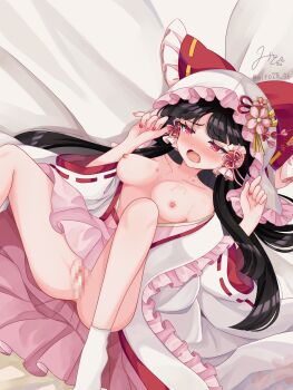 1girl absurdres alternate_costume bite_mark bite_mark_on_hand bite_mark_on_neck blush bow breasts brown_hair censored commentary_request cum cum_in_pussy cumdrip drooling frilled_bow frilled_hair_tubes frills hair_bow hair_ornament hair_tubes hakurei_reimu hetero highres hood hood_up japanese_clothes kanzashi kimono large_breasts long_hair long_sleeves lying mito_(fate) mosaic_censoring nipples on_back open_clothes open_kimono red_bow red_eyes red_nails ribbon-trimmed_sleeves ribbon_trim saliva_on_breasts shiromuku signature socks solo spread_legs tearing_up touhou tsumami_kanzashi twitter_username uchikake very_long_hair white_hood white_kimono white_socks