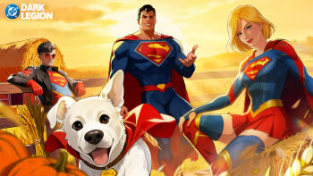 1girl 2boys aqua_eyes blonde_hair blue_bodysuit blue_shirt blue_thighhighs bodysuit boots breasts cape commentary dc:_dark_legion dc_comics dog english_commentary farm full_body high_heel_boots high_heels highres knee_boots krypto_the_superdog long_sleeves medium_hair miniskirt multiple_boys official_art red_boots red_cape red_lips red_skirt shirt skirt sleeves_past_wrists small_breasts spiked_jacket superboy supergirl superman superman_logo thigh_boots thighhighs thighhighs_under_boots thumb_hole_sleeves