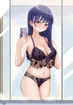 1girl blue_hair blush boku_no_kokoro_no_yabai_yatsu bow bow_bra bow_panties bra breasts brown_eyes cellphone cleavage closed_mouth collarbone commentary_request cowboy_shot highres holding holding_phone lace lace_bra lace_panties large_breasts lingerie long_hair looking_at_viewer mirror mirror_selfie mole mole_on_neck multiple_moles navel panties paso phone purple_bra purple_panties reflection reflection_focus selfie signature smartphone solo taking_picture underwear underwear_only yamada_anna