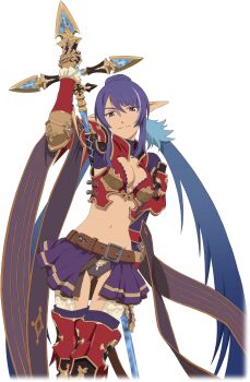 Rule 34 | 1girl, alternate costume, armor, artist request, blue hair, breasts, cleavage, closed mouth, cosplay, feet out of frame, game cg, gauntlets, granblue fantasy, highres, holding, holding behind back, holding polearm, holding polearm behind back, holding weapon, holding weapon behind back, judith (tales), large breasts, long hair, looking at viewer, medium breasts, midriff, multicolored hair, navel, official art, pointy ears, polearm, purple eyes, purple hair, purple skirt, red armor, skirt, smile, solo, tales of (series), tales of asteria, tales of vesperia, third-party source, transparent background, twintails, two-tone hair, very long hair, weapon, zeta (granblue fantasy)