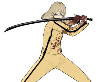 Rule 34 | 1girl, absurdres, arms up, beatrix kiddo, blonde hair, blood, blood on clothes, blood on hands, blood splatter, blue eyes, bonesaw (rdkshinku), commentary, english commentary, feet out of frame, fighting stance, floating hair, highres, holding, holding sword, holding weapon, katana, kill bill, long sleeves, looking to the side, medium hair, pants, parted bangs, parted hair, sanpaku, shirt, simple background, solo, striped clothes, striped pants, striped shirt, sword, twitter username, v-shaped eyebrows, vertical-striped clothes, vertical-striped pants, vertical-striped shirt, weapon, white background, yellow pants