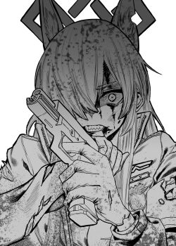 1girl angry animal_ears bleeding blood blood_from_forehead blue_archive clenched_teeth cropped_torso dog_ears dog_girl emblem glaring glock gloves greyscale gun hair_over_one_eye hakai_(fgzr2275) halo handgun highres holding holding_gun holding_weapon jacket kanna_(blue_archive) long_hair long_sleeves looking_at_viewer monochrome notched_ear police_badge reloading sharp_teeth simple_background solo teeth torn_clothes torn_gloves upper_body weapon white_background