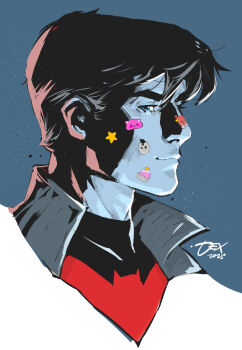 1boy bat_signal batman_(series) batman_symbol black_hair bodysuit dc_comics dexter_soy grey_bodysuit highres jason_todd male_focus multicolored_bodysuit muscular red_hood_and_the_outlaws short_hair simple_background solo superhero_costume two-tone_bodysuit upper_body western_comics_(style)