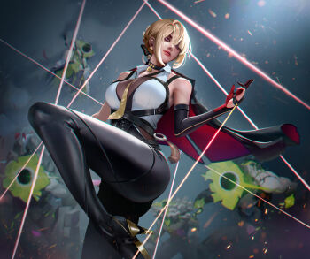 Rule 34 | 1girl, black choker, black gloves, black pants, blonde hair, breasts, choker, closed mouth, collared shirt, commentary, elbow gloves, ethereal (zenless zone zero), evelyn chevalier, gloves, hand up, high-waist pants, high heels, highres, large breasts, leg up, looking at viewer, necktie, nervi fd, pants, partially fingerless gloves, purple eyes, realistic, shirt, short hair, single elbow glove, solo, tight clothes, tight pants, white shirt, yellow necktie, zenless zone zero