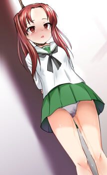 1girl arms_behind_back asphyxiation bdsm bondage bound bound_arms brown_eyes brown_hair corpse death empty_eyes feet_out_of_frame female_focus girls_und_panzer green_skirt hanged hanging huyusilver kadotani_anzu long_hair noose open_mouth panties pantyshot peeing peeing_self rope rope_around_neck school_uniform serafuku shirt simple_background skirt solo tears thighs twintails underwear upskirt wet wet_clothes wet_panties white_panties white_shirt