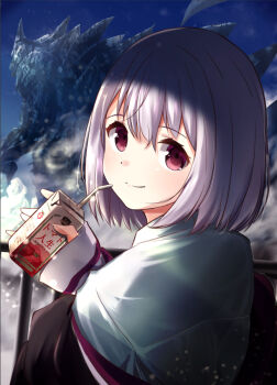 1girl blush closed_mouth colored_eyelashes commentary_request drink_carton from_behind gridman_universe hair_between_eyes hand_up holding holding_drink_carton juice kaiju looking_at_viewer looking_back medium_hair monster purple_hair red_eyes shinjou_akane sleeves_past_wrists smile solo split_mouth ssss.gridman straight_hair tagame_(tagamecat) tomato_juice upper_body venora