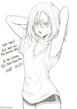 1girl alternate_hairstyle arm_behind_head armpits artist_name bleach blush breasts cleavage collarbone english_text freckles greyscale hair_down highres looking_at_viewer loose_clothes loose_shirt mistowing monochrome sarugaki_hiyori see-through_clothes shirt short_hair short_shorts shorts small_breasts sweat tank_top thighs