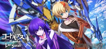 1boy 1girl black_hair blonde_hair blue_sky braid code_geass code_geass:_dakkan_no_roze code_geass:_lost_stories commentary_request f4samurai geass highres knightmare_frame long_hair mecha multicolored_hair official_art pink_eyes robot roze_(code_geass) short_hair single_braid sky sumeragi_sakuya two-tone_hair