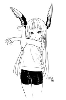 1girl artist_name bike_shorts blunt_bangs blunt_tresses cowboy_shot dated floating_headgear hair_ribbon headgear highres hikashima_(shiofune) kantai_collection long_hair ribbon shirakumo_(kancolle) shirt solo stretching t-shirt tress_ribbon