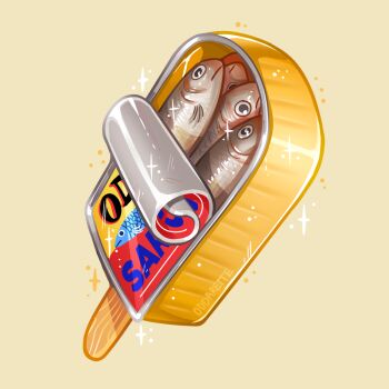 can canned_fish charongess commentary english_commentary fish_(food) food food_focus no_humans original popsicle sardine simple_background sparkle yellow_background