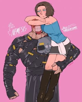 Rule 34 | 1boy, 1girl, absurdres, black skirt, blue eyes, blue tube top, boots, brown hair, carrying, carrying person, character name, clothes around waist, commentary, english commentary, highres, jill valentine, miniskirt, nemesis (resident evil), pink background, resident evil, resident evil 3: nemesis, resident evil 3 (remake), signature, simple background, skirt, sleepynua, strapless, sweater, sweater around waist, tube top