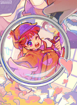 Rule 34 | 1girl, alternate costume, blunt bangs, commentary request, detective, gnosia, hair between eyes, heart, heart tattoo, high ponytail, highres, holding, holding magnifying glass, long hair, long sleeves, looking at viewer, magnifying glass, ponytail, red eyes, red hair, simple background, smile, solo, sq (gnosia), tattoo, toyama96, upper body