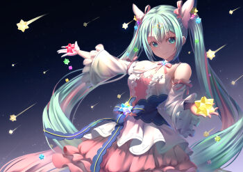 Rule 34 | 1girl, absurdres, aqua eyes, aqua hair, asymmetrical legwear, ayayayume, blue thighhighs, blush, breasts, closed mouth, colored inner hair, commentary request, detached collar, detached sleeves, dress, frilled dress, frills, gloves, hair between eyes, hair ornament, half gloves, hatsune miku, hatsune miku expo, highres, long hair, looking at viewer, medium breasts, multicolored hair, open mouth, pink gloves, pink hair, pink ribbon, pink skirt, ribbon, skirt, sky, sleeveless, sleeveless dress, small stellated dodecahedron, smile, solo, thighhighs, upper body, very long hair, vocaloid, white dress, wide sleeves