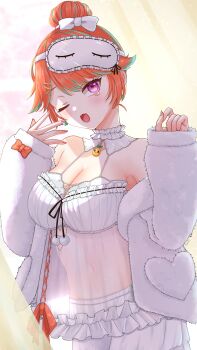 1girl ;o breasts cleavage covered_navel frills hair_bun hands_up highres hololive hololive_english large_breasts looking_at_viewer mask mask_on_head multicolored_hair official_alternate_costume one_eye_closed orange_hair pom_pom_(clothes) see-through_clothes shorts sleep_mask sleepwear sleepy solo streaked_hair suzuri_ishi takanashi_kiara takanashi_kiara_(cozy) virtual_youtuber white_shorts