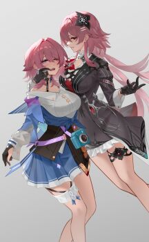 2girls absurdres breasts buttons camera chain choker cleavage commentary dress english_commentary evernight_(honkai:_star_rail) faizfs finger_in_another's_mouth flower gloves hair_between_eyes hair_flower hair_ornament hairclip highres honkai:_star_rail honkai_(series) jewelry layered_dress long_hair march_7th_(honkai:_star_rail) march_7th_(preservation)_(honkai:_star_rail) medium_breasts medium_hair multicolored_eyes multiple_girls off_shoulder one_eye_closed overskirt parallel_hairclips pink_hair red_eyes ring shirt simple_background skirt thigh_strap two-tone_eyes very_long_hair