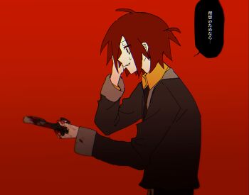 1boy anonymous1203 black_jacket black_necktie blood blood_on_hands blood_on_object blood_on_sleeves epic_battle_fantasy from_side hand_on_own_cheek hand_on_own_face highres jacket lance_(epic_battle_fantasy) male_focus necktie no_headwear red_background red_hair short_hair simple_background speech_bubble sweat teeth upper_body