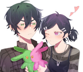 1boy 1girl absurdres aged_down ahoge andrew_graves ashley_graves black_camisole black_hair blush breasts bright_pupils brother_and_sister brown_jacket camisole closed_mouth collarbone collared_jacket commentary double-parted_bangs english_commentary eye_contact frown green_eyes grey_shirt hair_between_eyes hair_ornament hair_scrunchie half-closed_eyes hands_up heart highres holding holding_stuffed_toy jacket jewelry jitome long_sleeves looking_at_another male_focus necklace one_eye_closed open_clothes open_jacket pink_eyes plaid_clothes plaid_jacket ponytail pout scrunchie shirt short_hair short_ponytail siblings silver_necklace simple_background sleeves_past_wrists small_breasts striped_clothes striped_shirt stuffed_animal stuffed_rabbit stuffed_toy sweatdrop tantantan21 the_coffin_of_andy_and_leyley thick_eyebrows two-tone_shirt upper_body v-shaped_eyebrows white_background white_pupils white_scrunchie