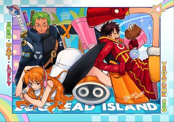 1girl 2025 2boys bangle bare_shoulders black_bodysuit black_hair blue_jacket bodysuit boned_meat boots bracelet breasts candy character_name closed_eyes coat devil_fruit_power elasticity extendable_limbs feet_up food from_side full_body green_hair hashtag-only_commentary headphones highres holding holding_candy holding_food jacket jewelry katana ki2ri5 large_breasts leotard log_pose long_hair lying lying_on_lap meat monkey_d._luffy monkey_d._luffy_(egghead) multiple_boys multiple_swords nami_(one_piece) nami_(one_piece)_(egghead) official_alternate_costume on_stomach one-eyed one_eye_closed one_piece open_clothes open_jacket orange_boots orange_hair parted_lips pink_boots profile radio_antenna red_boots red_coat roronoa_zoro roronoa_zoro_(egghead) scar scar_across_eye scar_on_face short_hair sitting sparkle star_(symbol) straw_hat_pirates sweatdrop sword sword_on_back tongue tongue_out wavy_hair weapon weapon_on_back white_leotard