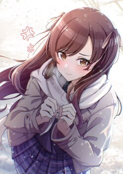 1girl absurdres anger_vein blue_skirt blush brown_coat clenched_hands closed_mouth coat from_above hair_ribbon hands_up highres idolmaster idolmaster_shiny_colors kusaka_io long_hair long_sleeves looking_at_viewer looking_up official_alternate_costume official_alternate_hairstyle osaki_amana plaid_clothes plaid_skirt pleated_skirt red_hair ribbon scarf school_uniform skirt snow solo standing swept_bangs tears two_side_up v-shaped_eyebrows white_scarf yellow_eyes
