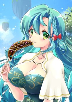 1girl aqua_hair bow braid breasts chloe_(fire_emblem) chocolate-covered_food chocolate_banana cleavage closed_mouth dress eyelashes fire_emblem fire_emblem_engage food green_eyes hair_between_eyes hair_bow highres holding holding_food jewelry kiritaki large_breasts looking_at_viewer necklace nintendo red_bow single_braid smile solo upper_body
