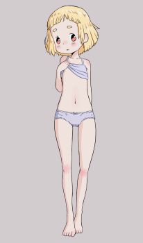 Rule 34 | 1girl, absurdres, bare arms, bare shoulders, barefoot, blonde hair, blush, bow, bow panties, bra, bra lift, clothes lift, collarbone, female focus, full body, grey background, highres, leims (urje8584), looking at viewer, navel, original, panties, parted lips, short eyebrows, simple background, solo, standing, thigh gap, underwear