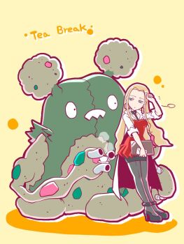 1girl aqua_eyes black_shoes black_skirt blonde_hair breasts closed_mouth coat collarbone commentary_request cup dot_mouth earrings english_text garbodor gen_5_pokemon grey_pantyhose hair_intakes high_heels holding holding_cup holding_plate jewelry long_hair nagi_(exsit00) nintendo oleana_(pokemon) open_clothes open_coat pantyhose plate pokemon pokemon_(creature) pokemon_swsh red_shirt sharp_teeth shirt shoes sidelocks skirt steam tea teacup teeth white_coat