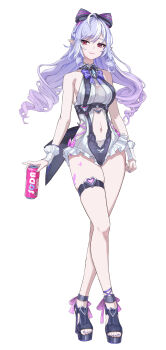 1girl absurdres bare_shoulders black_bow bow bowtie breasts can chinese_commentary closed_mouth clothing_cutout commentary_request drink_can english_text full_body hair_bow heart_cutout highres holding holding_can kabuto_tong large_breasts laurel_thigh_strap logo long_hair looking_at_viewer mihoyo multicolored_hair nail_polish navel official_alternate_costume open-toe_shoes pointy_ears purple_bow purple_bowtie purple_hair purple_nails red_eyes sidelocks simple_background skindentation smile solo standing stomach stomach_cutout streaked_hair tachi-e thighs toenail_polish toenails vivian_banshee vivian_banshee_(iris_of_the_shore) white_background zenless_zone_zero