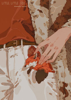 absurdres animal artist_name belt closed_eyes closed_mouth colored_extremities commentary dated english_commentary english_text fox fur_jacket highres in_pocket jacket leaf minimized original out_of_frame pants petting red_fox red_shirt shirt undersized_animal whiskers white_pants xi_zhang