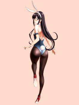 1girl animal_ears aqua_eyes ass blush commentary_request full_body glasses high_heels highres kantai_collection leotard long_hair looking_at_viewer looking_back ooyodo_(kancolle) pantyhose parted_lips playboy_bunny rabbit_ears solo takano_masayuki