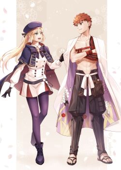 1boy 1girl absurdres artoria_caster_(fate) artoria_caster_(second_ascension)_(fate) artoria_pendragon_(fate) bag belt beret black_pants black_pantyhose black_ribbon blonde_hair blue_belt blue_cloak blue_headwear boots bow bracelet breasts buttons cape cloak closed_mouth emiya_shirou fate/grand_order fate_(series) flower gem gold_trim green_eyes green_gem hat highres holding holding_staff jewelry long_hair long_sleeves non-web_source open_mouth orange_eyes orange_hair ornament pants pantyhose purple_bow purple_cloak purple_flower ribbon sandals senji_muramasa_(fate) shirt simple_background skirt small_breasts staff teeth twintails uvula white_cape white_flower white_skirt yamano_udumi zouri