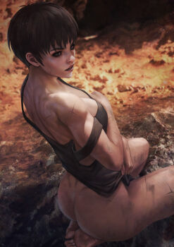 1girl absurdres ass berserk black_hair black_tank_top bottomless breasts casca_(berserk) cave cleavage commentary dark-skinned_female dark_skin english_commentary eyelashes facial_scar from_behind highres kneeling makeup mascara medium_breasts monori_rogue naked_shirt no_bra realistic scar scar_on_arm scar_on_back scar_on_cheek scar_on_face scar_on_leg scar_on_nose scars_all_over self_hug shirt short_hair soles solo tank_top tomboy too_many scars_all_over turning_head
