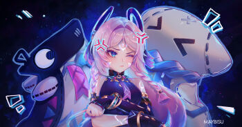 Rule 34 | 1girl, absurdres, anger vein, artist name, asymmetrical gloves, bare shoulders, blue eyes, bracelet, braid, citlali (genshin impact), citlalin (genshin impact), closed mouth, commentary, eyeshadow, facial mark, fingerless gloves, floating headgear, forehead mark, genshin impact, gloves, glowing, gold bracelet, headgear, heattech leotard, highres, itzpapa (genshin impact), jewelry, leotard, long hair, makeup, maybisu, nightsoul blessing state, one eye closed, parted bangs, pink hair, pink pupils, triangle, triangle facial mark, turtleneck, twin braids, uneven gloves, upper body