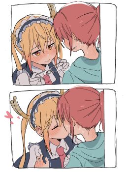 2girls blonde_hair blue_hoodie blush closed_eyes collared_shirt commentary dragon_horns ear_blush glasses gloves heart highres hood hoodie horns kiss kobayashi-san_chi_no_maidragon kobayashi_(maidragon) looking_at_another maid_headdress multiple_girls nape neck_blush orange_eyes ponytail red_hair removing_eyewear shirt simple_background sweat tohru_(maidragon) twintails white_background white_gloves white_headdress white_shirt wichimi yuri