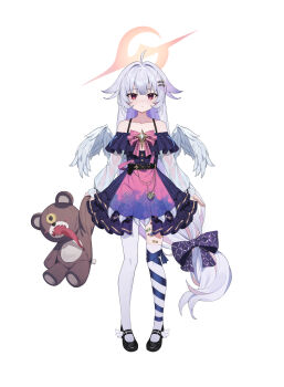 1girl absurdres ahoge apron asymmetrical_legwear bare_shoulders belt black_belt black_dress black_shoes blue_ribbon closed_mouth collarbone commentary commission detached_sleeves di_le_to dress expressionless frilled_dress frills hair_ornament hairclip halo highres holding holding_stuffed_toy indie_virtual_youtuber leg_ribbon loafers long_hair long_sleeves looking_at_viewer mismatched_legwear mole mole_under_each_eye mole_under_eye multicolored_dress multiple_moles off-shoulder_dress off_shoulder orange_halo pantyhose parallel_hairclips pink_apron pink_eyes pink_ribbon purple_apron purple_ribbon ribbon see-through_clothes see-through_sleeves shoes shubii_(vtuber) simple_background sleeveless sleeveless_dress solo standing stuffed_animal stuffed_toy tachi-e teddy_bear thighhighs two-tone_apron two-tone_dress very_long_hair virtual_youtuber white_background white_pantyhose white_thighhighs white_wings wings yellow_dress