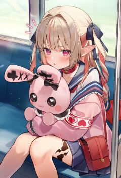 1girl aria_(ariacue) bag blue_sailor_collar blush brown_hair choker colored_inner_hair commentary_request hair_intakes hair_ribbon highres holding holding_stuffed_toy jacket long_hair looking_at_viewer makaino_ririmu makaino_ririmu_(4th_costume) multicolored_hair nijisanji pink_eyes pink_jacket pointy_ears ribbon ringlets sailor_collar school_uniform serafuku shoulder_bag sitting solo stuffed_animal stuffed_rabbit stuffed_toy tattoo train_interior two-tone_hair two_side_up virtual_youtuber winged_heart winged_heart_tattoo