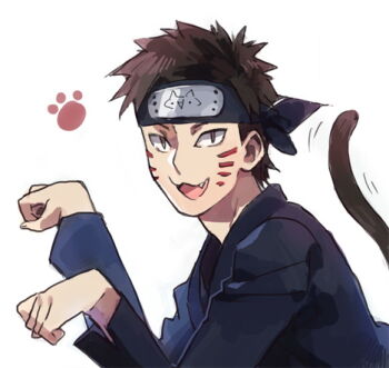 Rule 34 | 1boy, :d, black jacket, brown eyes, brown hair, cat tail, fang, forehead protector, inuzuka kiba, jacket, littleb, long sleeves, looking at viewer, naruto: road to ninja, naruto (series), naruto shippuuden, ninja, open mouth, short hair, simple background, smile, solo, spiked hair, tail, upper body, white background