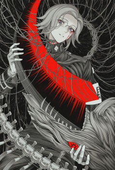 1boy 7nite absurdres aotsuki_eito bleeding blood bloody_tears cowboy_shot eyeshadow glasses gloves greyscale highres holding holding_scythe imminent_self-harm last_defense_academy_school_uniform looking_at_viewer makeup male_focus monochrome purple_eyes red_eyeshadow school_uniform scythe short_hair solo spine spot_color the_hundred_line_-last_defense_academy- wire