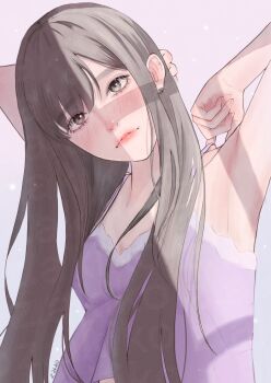 1girl armpits arms_up artist_name camisole closed_mouth commentary_request earrings eyelashes film_grain glint grey_background grey_eyes grey_hair highres jewelry long_hair original parted_bangs purple_camisole red_lips solo spaghetti_strap star_(symbol) star_earrings straight_hair upper_body zakikoillust