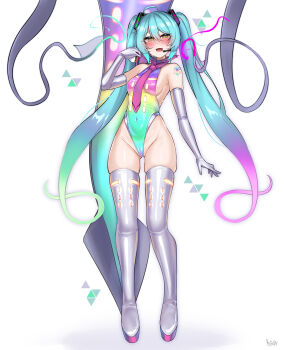 1girl :d alternate_eye_color aqua_hair bare_shoulders blush boots breasts cameltoe elbow_gloves eye_color_change full_body gen_6_pokemon gloves gradient_hair green_hair grey_gloves grey_thighhighs groin hatsune_miku headset highleg highres kutan long_hair malamar mega_malamar mind_control multicolored_hair nintendo open_mouth pink_hair pokemon pokemon_(creature) sideboob silver_boots silver_gloves skindentation small_breasts smile standing thick_thighs thigh_boots thighhighs thighs twintails very_long_hair vocaloid wide_hips