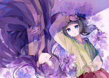 Rule 34 | 1boy, 1girl, beads, blue eyes, blue ribbon, blunt bangs, closed eyes, closed mouth, commentary, flower, green hair, green shirt, hair beads, hair ornament, hair ribbon, hands on own chest, highres, jinshi (kusuriya no hitorigoto), kamikiasu, kusuriya no hitorigoto, long hair, lying, maomao (kusuriya no hitorigoto), on back, parted bangs, parted lips, purple flower, purple hair, red skirt, ribbon, shirt, skirt, symbol-only commentary, upper body