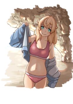 Rule 34 | 1girl, aqua eyes, bare shoulders, beach, bikini, blonde hair, blue jacket, blush, border, breasts, bridget (guilty gear), cleavage, closed mouth, collarbone, commentary, cowboy shot, dot nose, english commentary, genderswap, genderswap (mtf), guilty gear, guilty gear strive, hair between eyes, highres, jacket, long hair, looking at viewer, navel, pink bikini, sidelocks, small breasts, solo, split mouth, straight hair, sugajyun, swimsuit, undressing, white border